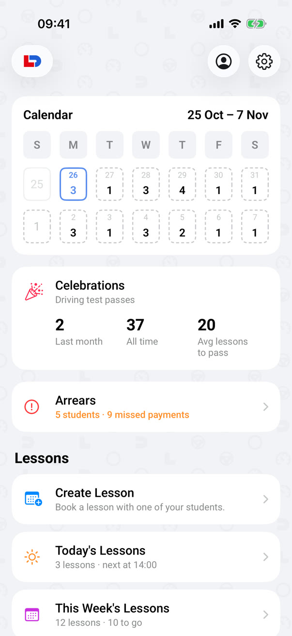 The dashboard: a two-week calendar with the number of lessons each day, celebrations, arrears and today's lessons