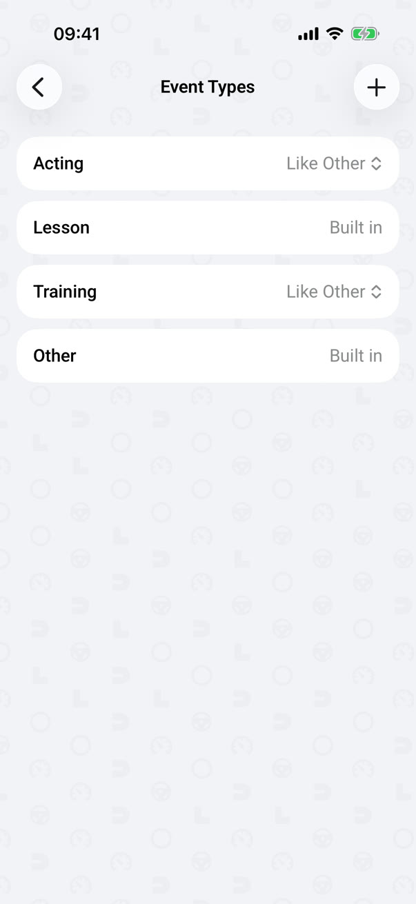 Event types: Lesson and Other built in, alongside types of your own