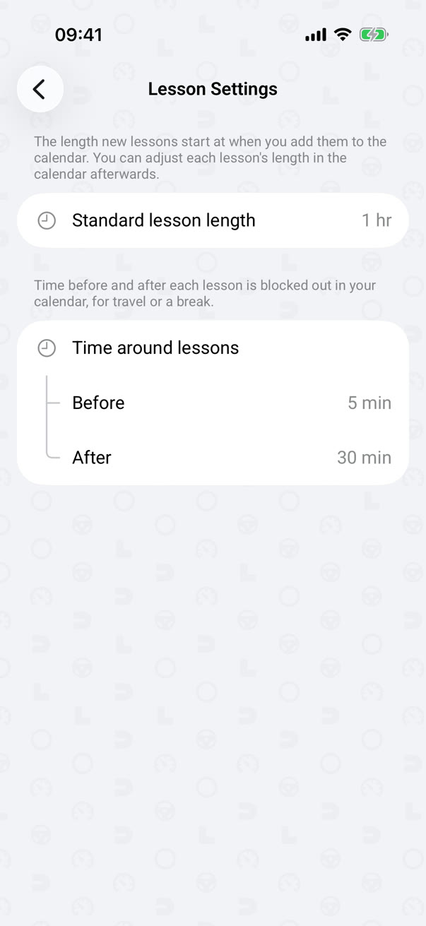 Lesson settings: the standard lesson length, and time blocked out before and after each lesson