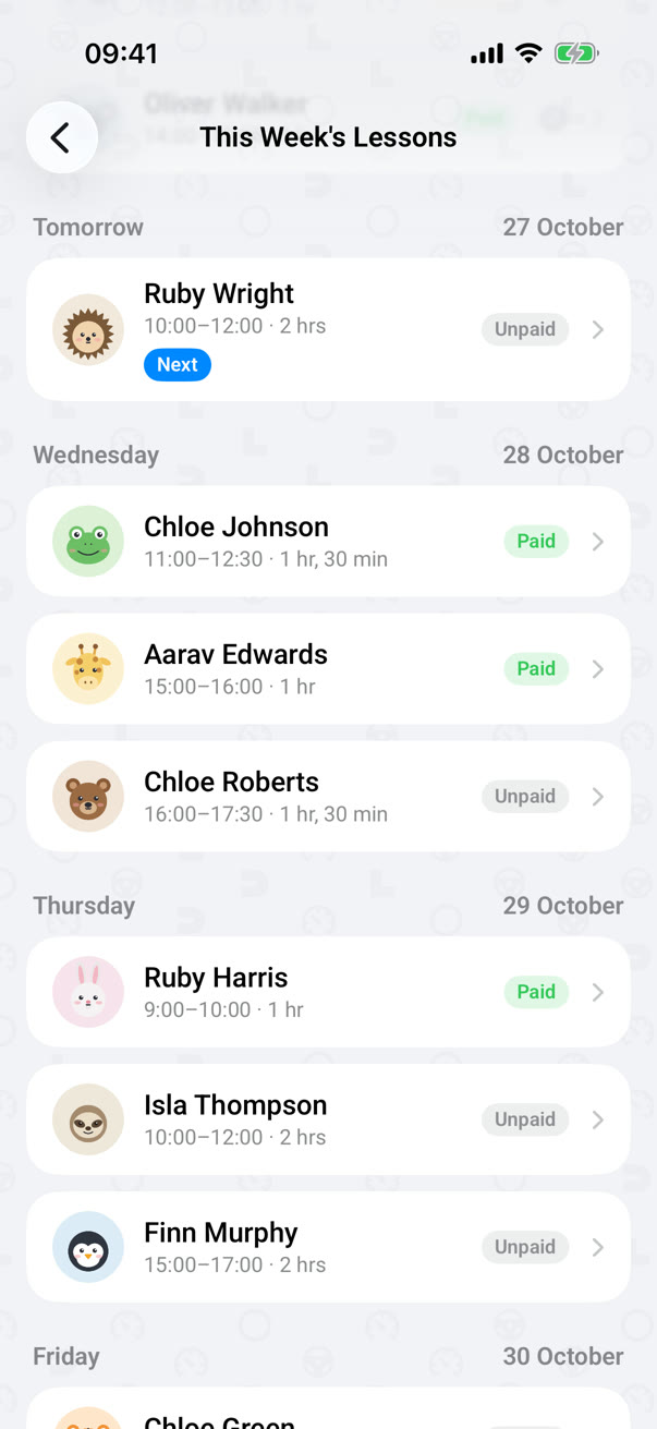 This week's lessons, day by day, each marked Paid or Unpaid
