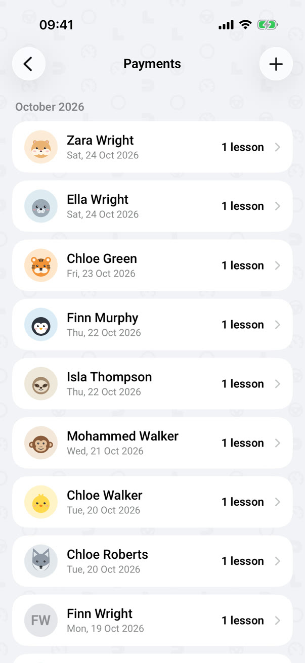 Payments: each one with the student's picture, the date, and how many lessons it covers