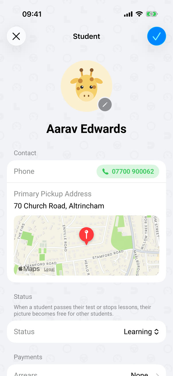 A student's profile: their animal picture, phone number and pickup address on a map
