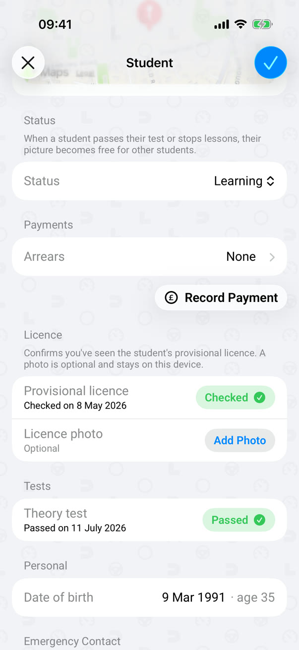 A student's profile: their provisional licence checked, and their theory test passed