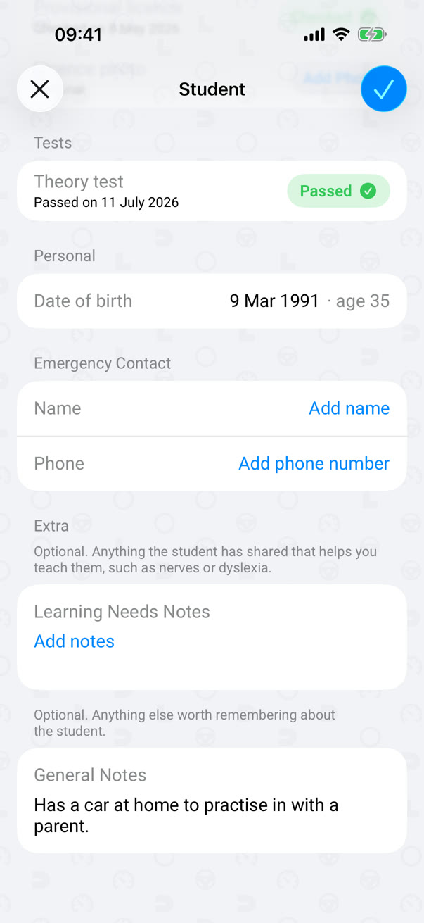 A student's profile: notes on their learning needs, and an emergency contact