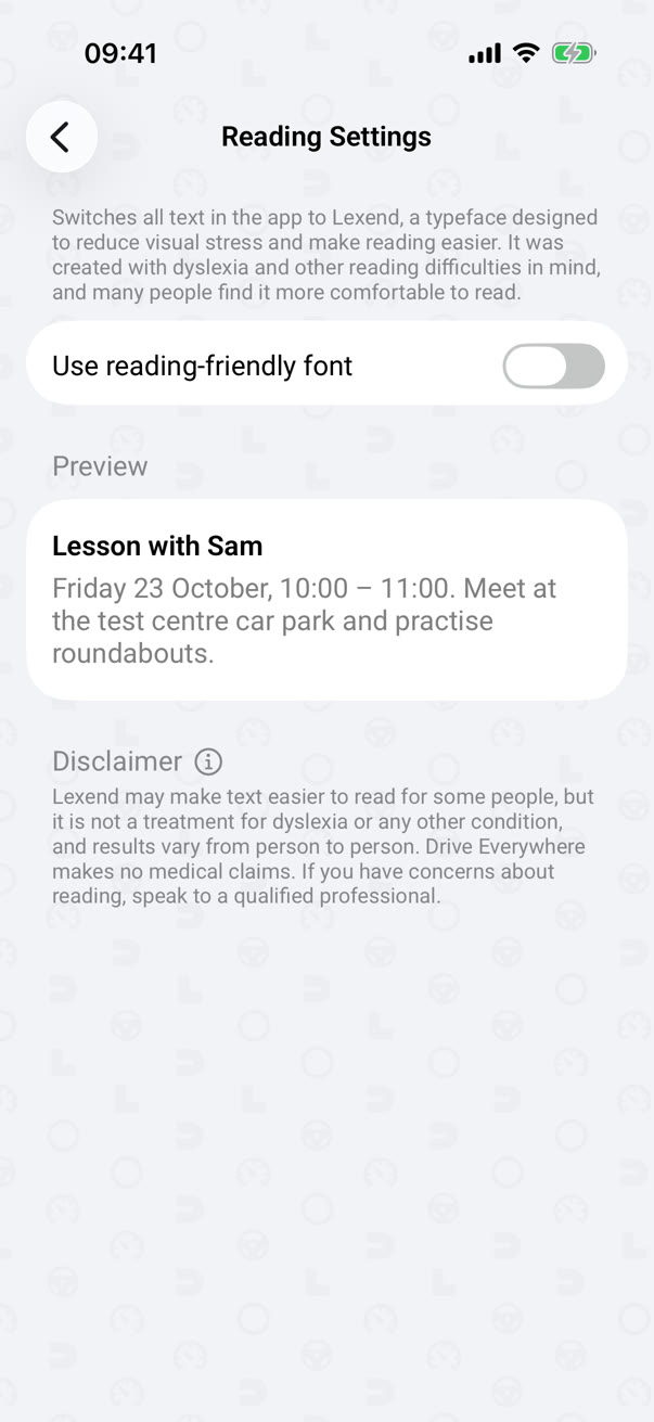 Reading settings: a switch for the reading-friendly font, with a preview