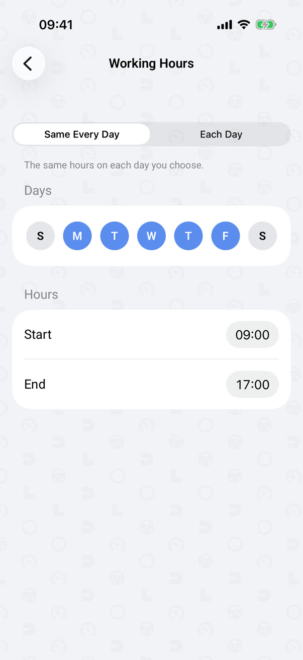 Working hours: the days of the week to work, and the start and end of the day